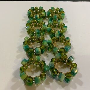 *.       Napkin Rings Beads Green and Glass Gold Tone Set Lot 8 Dining #25